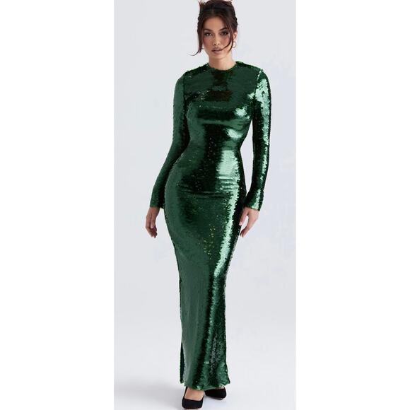 House of CB “BELLE” Pine Green Sequin Maxi Dress - Picture 1 of 11